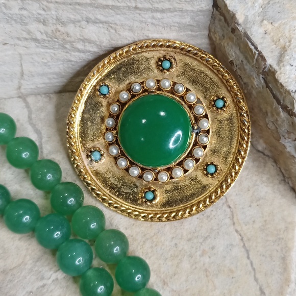 Vintage Green Aventurine Jewelry Set pearl turquoise Necklace Earrings Brooch - Picture 3 of 11